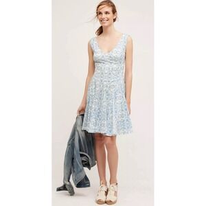Anthropologie HD in PARIS Womens Dress Summer Island Blue White Fit Flare Small